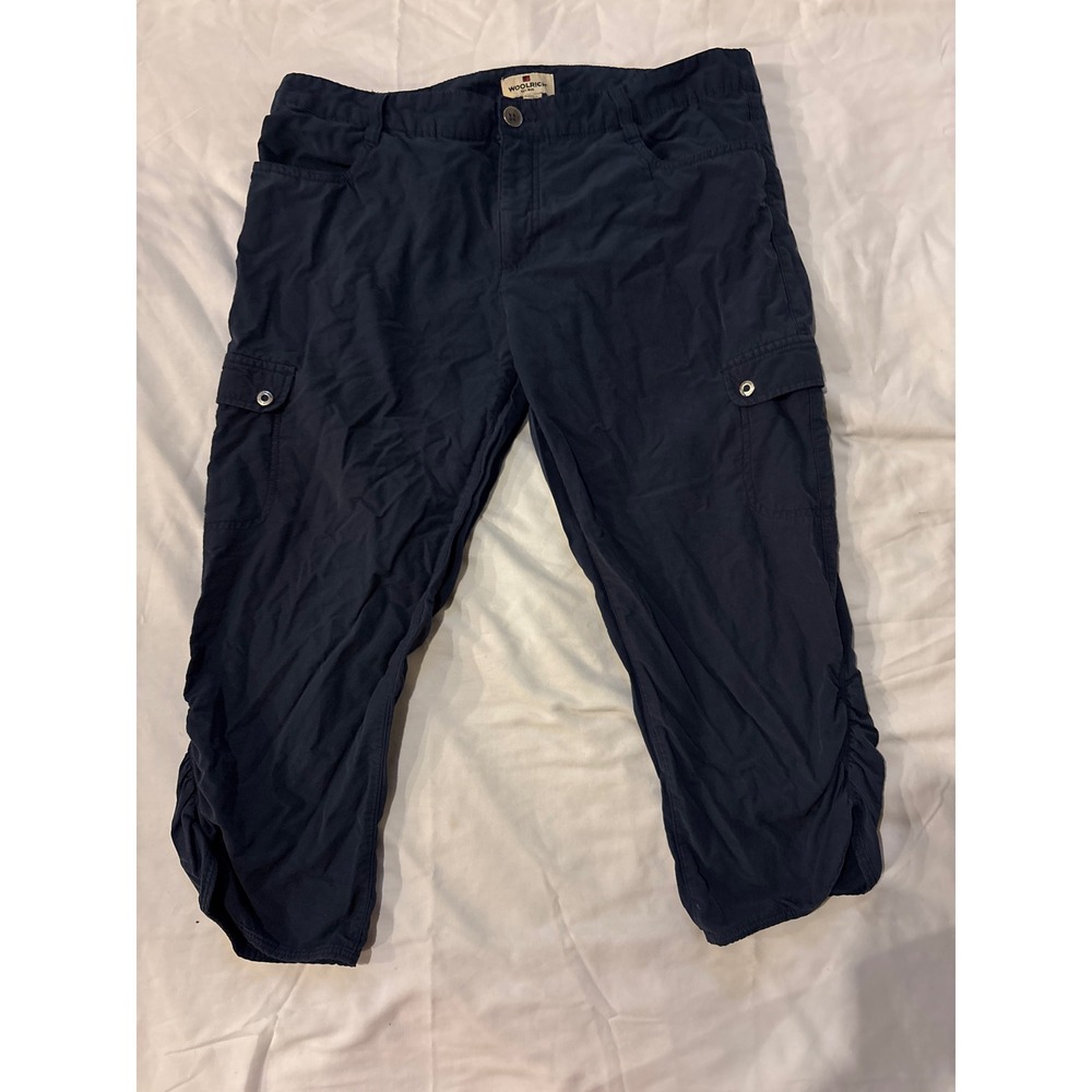 Woolrich Cargo Capri Pants Womens 10 Navy Blue Excellent Ruched Cropped Trousers